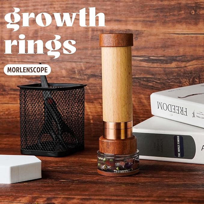 Growth Rings Wooden Kaleidoscope Tunnel Screen Effect,6.5" Handmade Brass Rotatable Oil-Filled Core Box Nature Kaleidoscope Kit,Vintage Gift Box,Anniversary Birthday Gift for Man Woman