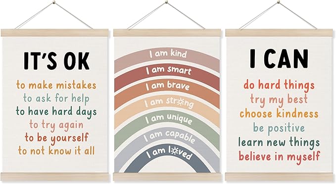 Koesus Inspirational Classroom Rainbow Wall Art Poster Hanger Frame 12x16 Inch Set of 3, Positive Affirmations for Kids, Motivational Canvas Prints Framed Wall Decor for Classroom Kids Room Playroom