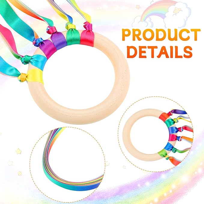 Junkin Ribbon Rings Hand Kite Waldorf Toys Dancing Wrist Ribbons Rainbow Streamers with Wood Ring Educational Toy for Playroom Dancing Birthday Party Gift(Gradient,24 Pcs)