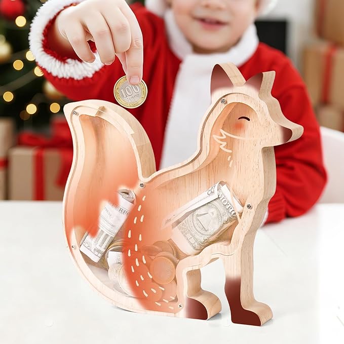 Wooden Fox Piggy Banks for Kids, Adorable Fox Piggy Bank with Acrylic Panels, Unbreakable Toddler Money Box for Girls Adults Boys, Cute Saving Coin Jar for Birthday Décor