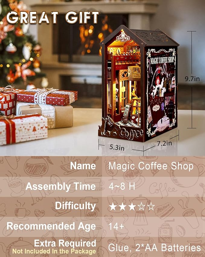 Book Nook Kit Magic Coffee Shop, DIY Miniature House with LED Lights, 3D Wooden Puzzle for Adults & Teens, Bookshelf Decor Craft Gift for Family & Friends