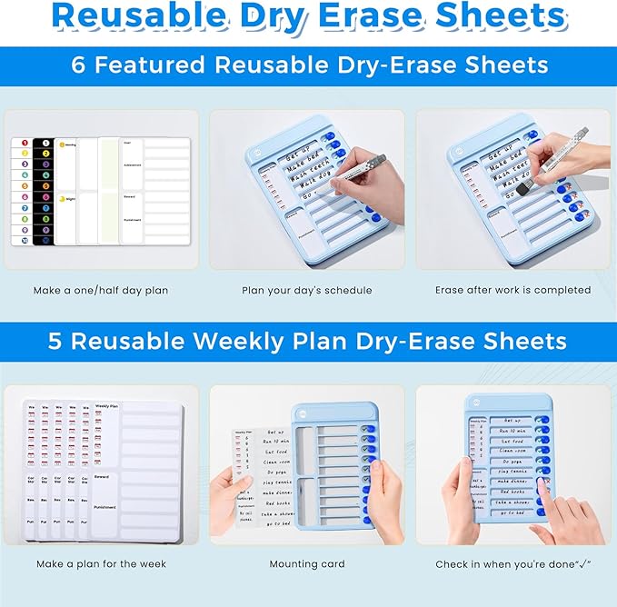 Chore Chart for Kids, Magnetic Chore Board ADHD Tools for Kids, Chore Chart for Kids Multiple Kids, Routine Chart Dry Erase Board for Kids for Habit Tracker or Daily and Weekly Checklist - Blue