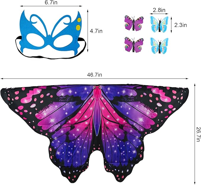 Butterfly Costume for Girls Fairy Wings Kids 4 Pcs(Cape,Skirts,Masks,Hair Clips) Butterfly Wings for Halloween Gifts