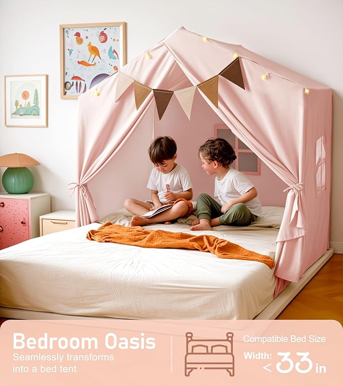 Kids Tent, Play Tent with Star Lights, Large Play Tents with 2 Windows, Kids Playhouse Indoor & Outdoor, Reading Nook, Christmas Toddler Tents for Girls & Boys, 52" x35" x 51", Pink