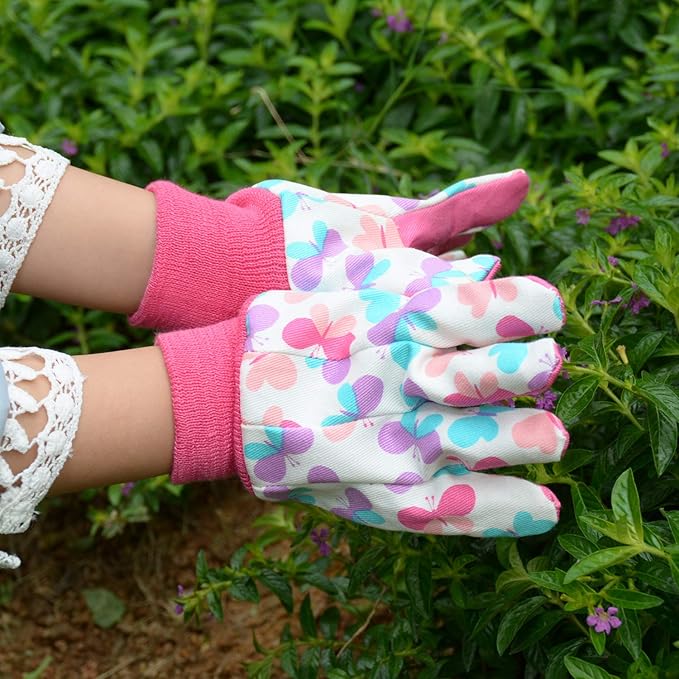 HANDLANDY 2 Pairs Kids Gardening Gloves, Girls Boys Children Garden Work Play Gloves (Pink Butterfly & Dot, Medium)