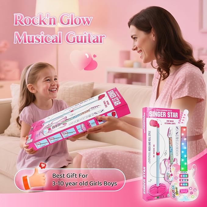Electric Guitar and Microphone Set for Kids, Toddlers Musical Instruments Starter Kit with Guitar Microphone Lifting Stand, Pink Karaoke Machine with Mic for Boys Girls Infant Christmas Gifts