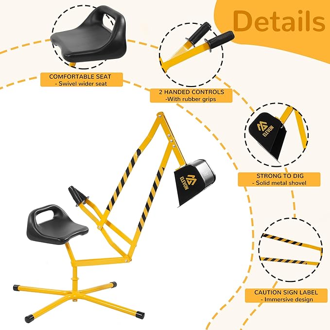 Elevon Sand Digger Kids Excavator Ride On Toy, Beach Toys Outdoor Sandbox Toy Digger, Steel Excavator Crane Rotates 360 with Stabilizing Base, Sand Toys Backyard Sandbox, Dirt and Snow - Yellow