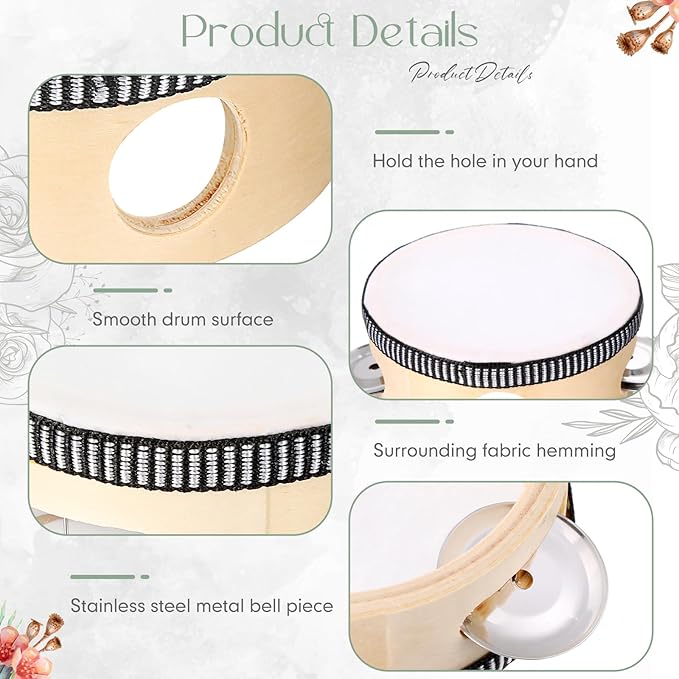 24 Set 6 Inch Tambourine for Adults Wooden Hand Held Drum with Metal Jingles, Gift Tags, White I Love You Printed Ribbon Percussion Gift Musical Instrument for Church Wedding Party Favor