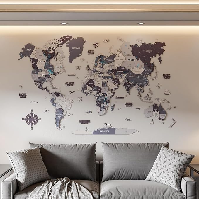 Colorfull Worlds 3D Wooden World Map Wall Art - Premium Multicolored World Travel Art for Wall Decor | Perfect for Home, Office & Kitchen - Ideal Housewarming Gift & Travel Tracker (Large, Nimbus)