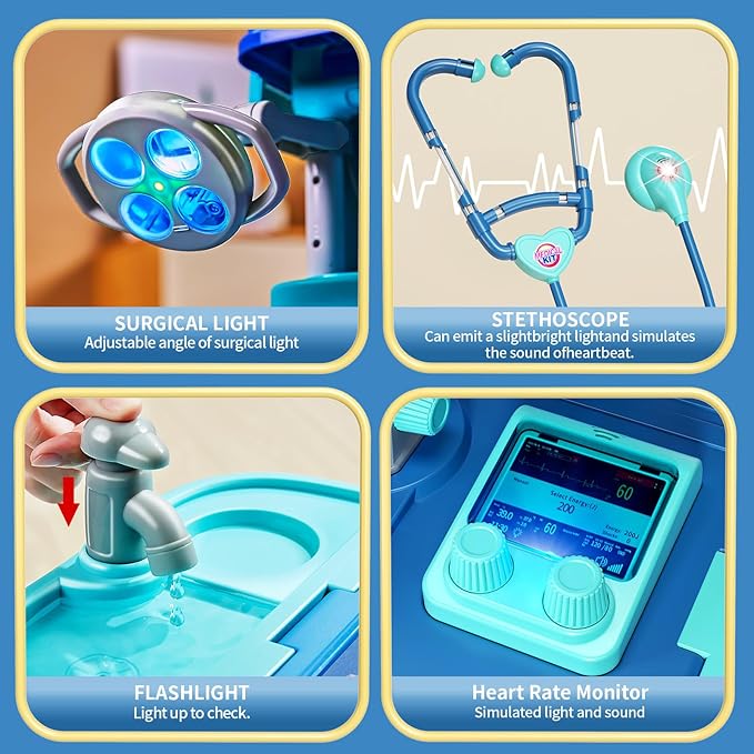 Doctor Kit for Kids Toddlers 3-8, 2 in 1 Kids Doctors Play Set with Costume, Stethoscope and Surgical Light, Pretend Medical Station Set for Boys Girls Birthday