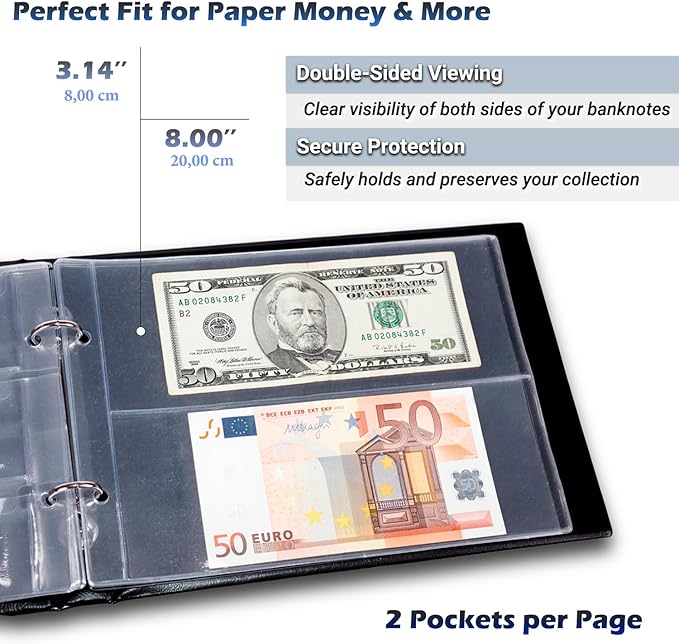 3in1 Coin Holder Album 180 Pockets - Paper Money Collection 10 Pockets - Large Storage Book for Collectors and Great for Gold Silver Dollars Dollar Bill Currency Quarters Penny Foreign Coins (Black)