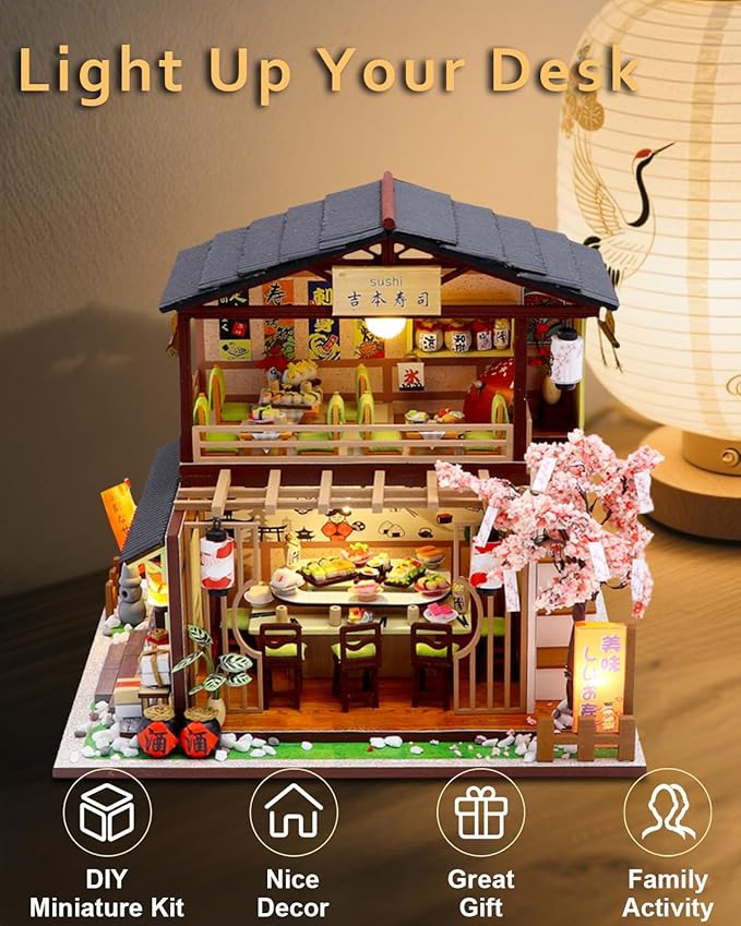 Miniature House Kit – Gibbon Sushi, DIY Wooden Dollhouse for Adults with LED & Furniture, Tiny House Craft Gift for Teens Families Friends