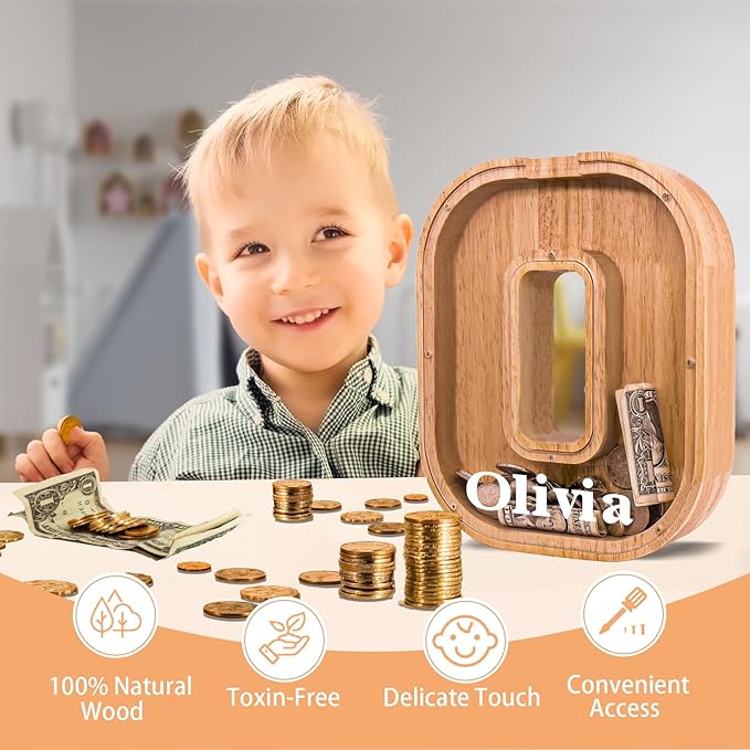 Wooden Letter Piggy Bank for Kids Larger Alphabet Letter Bank for Boys Initial Coin Bank Personalized Piggy Bank Wood Money Save Box for Birthday and Festival-Upgrade 9"" O Piggy Bank