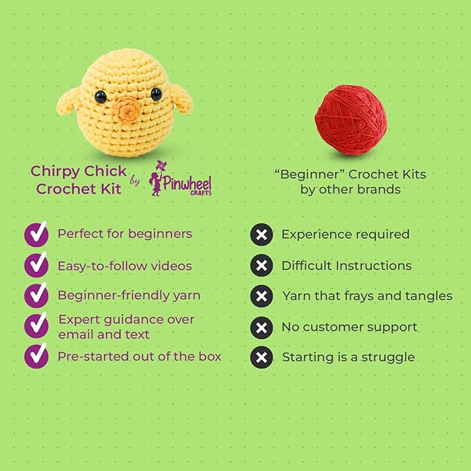 Pinwheel Crafts Easy Crochet Kit for Beginners Kids Ages 12+ - Chirpy Chick Amigurumi Kit for Kids with Thicker Yarn, Hook & Step-by-Step Video Tutorials, Learn to Crochet Kits for Adults Beginner