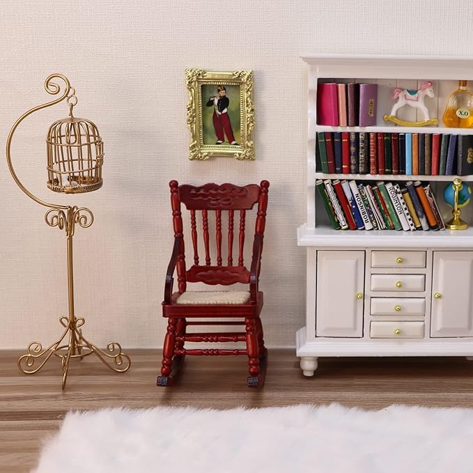 Dollhouse Miniature Rocking Chair 1:12 Scale Wooden Furniture Accessories Tiny Mini House Home Outdoor Cake Topper Decoration Model Living Room Scene Christmas Craft Displays (Red)