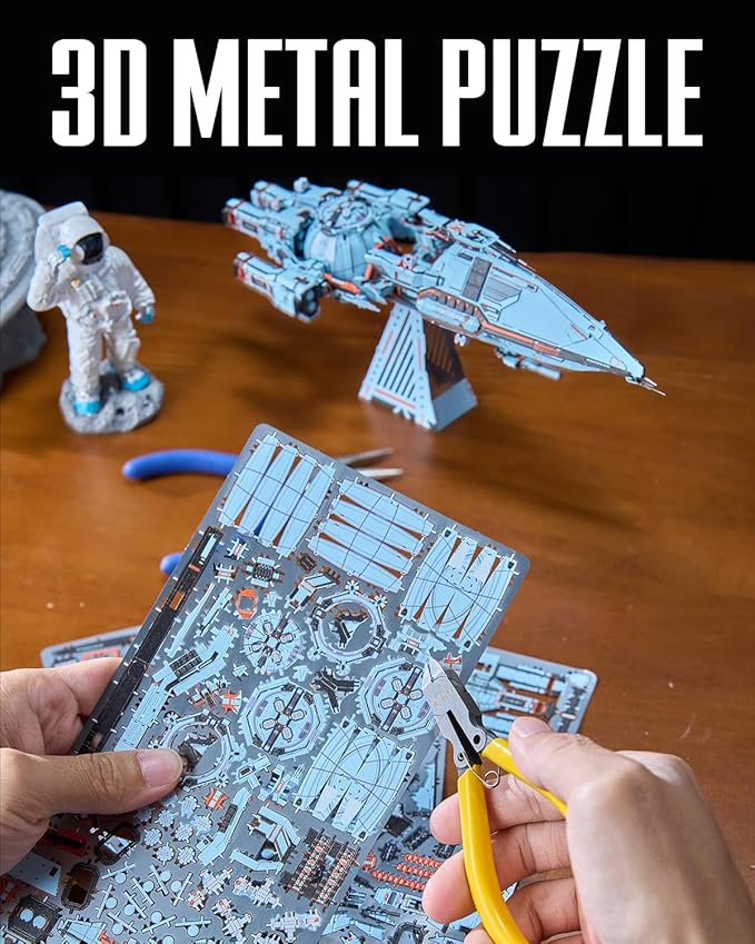 Piececool 3D Metal Puzzles for Adult, Three-Body Blue Space Starship Metal Model Kit, DIY Spaceship Building Kit Crafts for Adults to Build Home Decoration Best Gifts