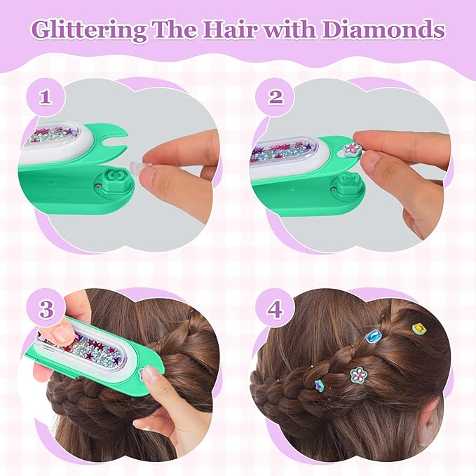 Hair Gem Stamper Kit,Bling Hair Jewels for Girls, Hair Styling Tool with Reusable Shining Diamonds, Christmas Birthday Arts & Crafts Gift for 5-12 Year Old Girl (Green)