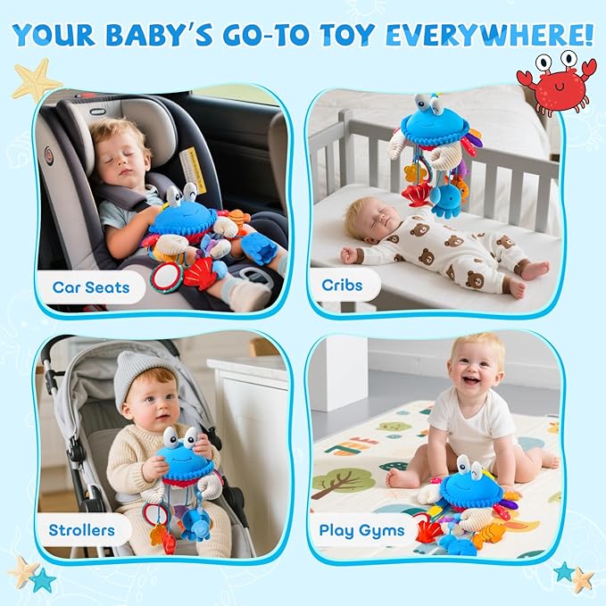 Car Seat Toys for Babies 0-6 Months, Hanging Baby Activity Toy for Stroller, Crib & Gym, Tummy Time Sensory Crab Plush Toys for Newborn, 0 3 6 9 12 M Clip-On Montessor Toy, Baby Boy Girl Gifts
