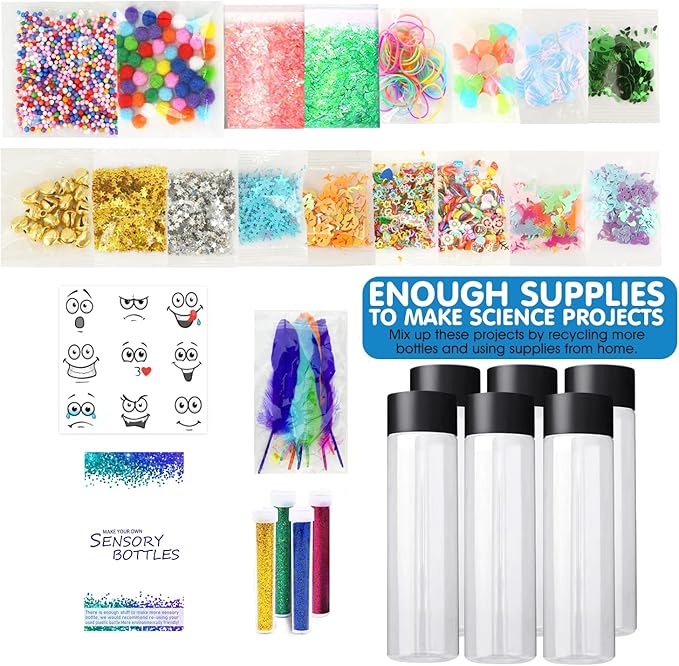 Sensory bottle Kits for Calm Calming Corner Items, Sensory Toys for Kids with Autism, Calm Down Toys with Unicorn, Space, Mermaid, 6 Big Empty Plastic Reusable Bottles Toddler Classroom Must Haves