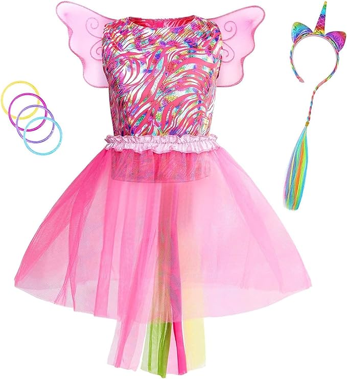 Jeowoqao Girls Unicorn Princess Dress up Trunk Set 19 Pcs, Girls Rainbow Unicorns Costume, Toddler Girls Dress up Clothes Pretend Play Costumes for Little Girl Ages 3 4 5 6