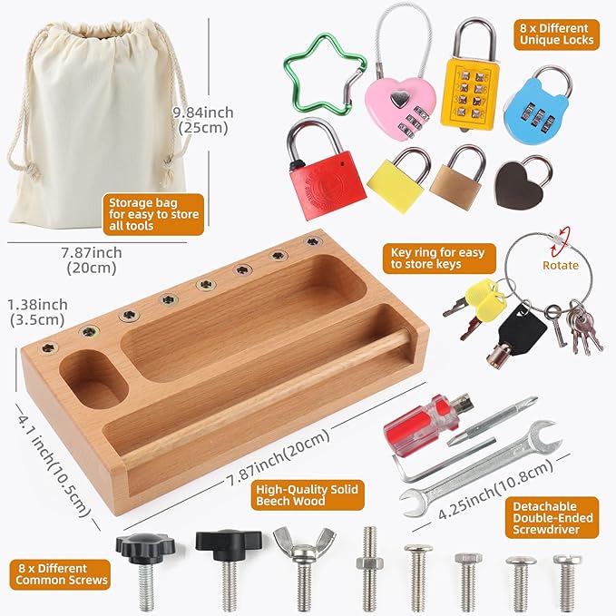Montessori Busy Board Kids Tool Set, Montessori Screwdriver Board Lock and Key Toy, Sensory Toys for Kids with Autism, Sensory Bin Fine Motor STEM Quiet Fidget Toys for Toddlers 3 4 5