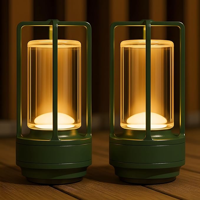 Klarako Crystal Lantern Lamp – Modern Cordless Rechargeable Bedside & Outdoor Light, Portable Wireless – Dimmable Touch Control – Luxury Living Room & Hotel-Style Lighting (Olive Green, 2-Pack)
