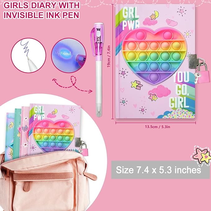 Pop Girls Diary with Lock and Invisible Ink Double-end Pen, 7.5x5.4” 160 Lined Page Fidget Colorful Heart Girls Journal for Kids Secret Notebook Pen Set Birthday Gifts for Girls 5 6 7 8 9 10 Years Old