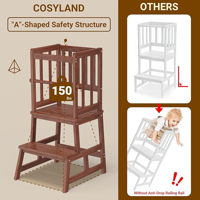 COSYLAND Toddler Kitchen Stool Helper – Stable A-Frame Design Kids Kitchen Step Stool with Protective Crossbar – Wooden Toddler Standing Tower for Learning in Bathroom (Brown)