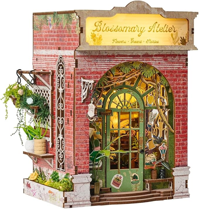 DIY Miniature House Kit,Flower Shop Miniature Dollhouse Kit with LED & Furniture,Mini Diorama House Building Kit for Adults Beginners,Tiny House Mini Model Kit 3D Wooden Crafts,Bookshelf Decor Gifts
