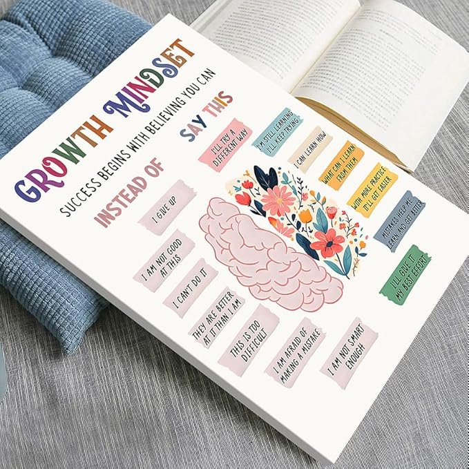 uoyien Growth Mindset Mental Health Posters Classroom Counseling Room Therapy Wall Decor Affirmations Quotes Canvas Wall Art Kids Special Educational Brain Neurodiversity Prints 12x16in Wood Framed