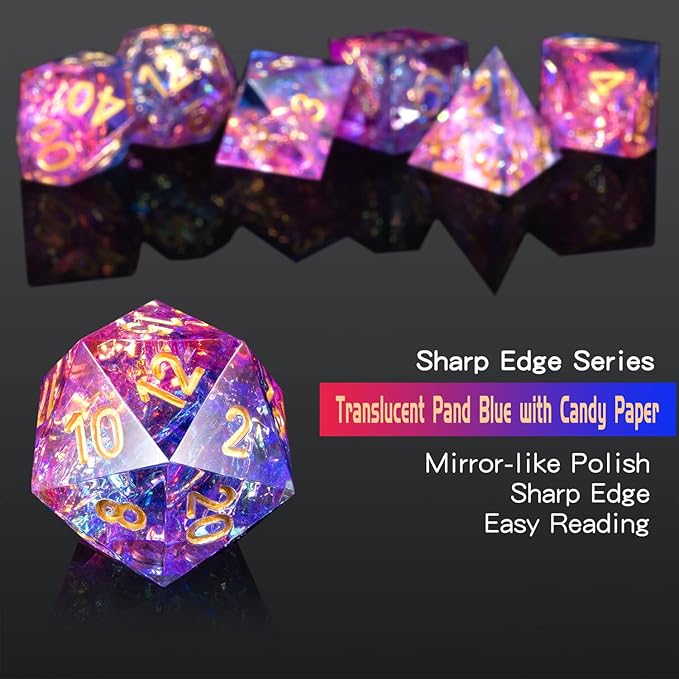 DND Dice Set, DNDND 7 PCS Sharp Edge Dice with Gorgeous Gife Case for D&D Dungeons and Dragons (Tranlucent Pink Mixed Blue)