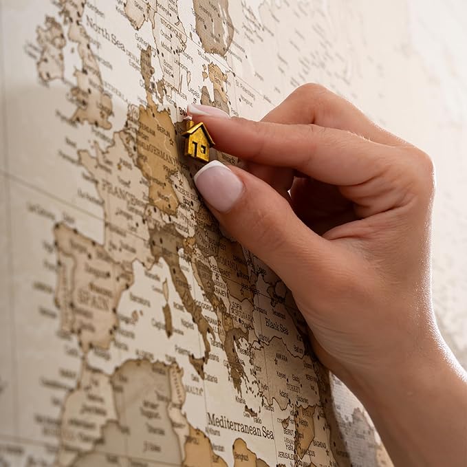 Canvas World Map with Cork Pin Board - English Lettering - Decorative Wall Decoration for All Rooms - Canvas Pictures with World Map Motif (90x60 cm, Pattern 8)