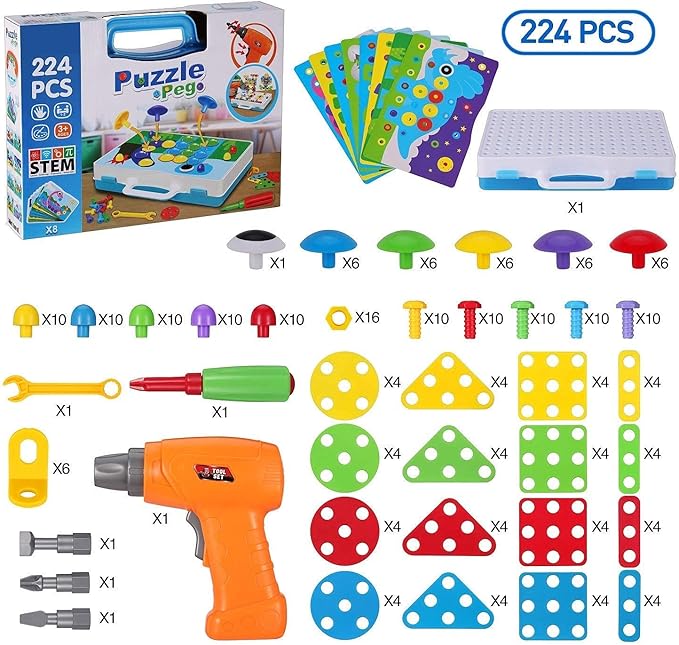 STEM Building Toys for Kids Ages 4-8 | 224-Piece STEM Drill & Build Kit with Screwdriver, Pegboard | Educational Toys for 5+ Year Old Boys Girls | Gift for Birthdays