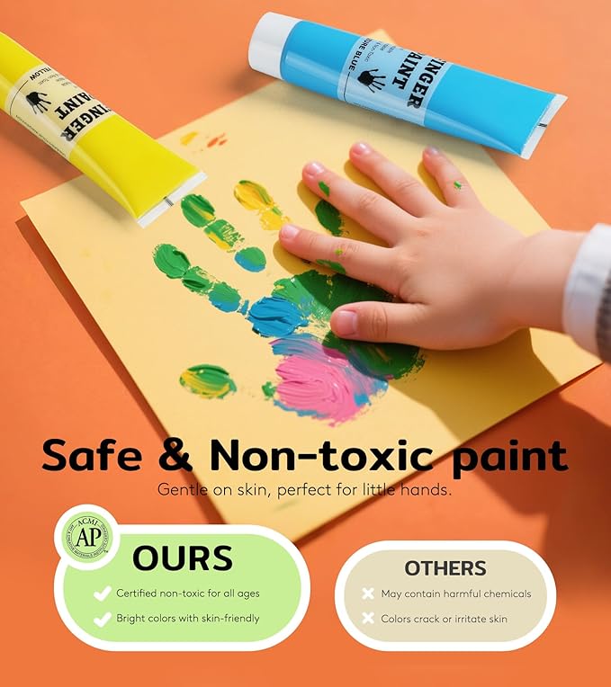 TMOL Washable Finger Paint for Toddlers, 27 PCS Non-Toxic Finger Paints, 12 Vibrant Colors (1.21fl oz), Baby Paint for Hand and Feet, Safe Art Supplies, Early Learning Gifts for Kids Age 3+