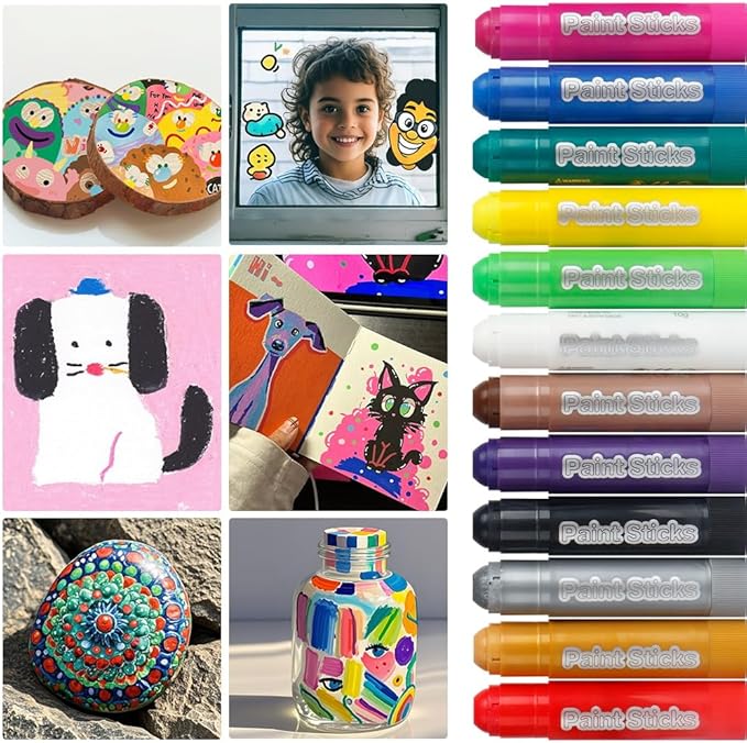 12 Metallic Colors Washable Tempera Paint Sticks, Quick Drying and Non-Toxic Paint Sticks for Kids and Toddlers