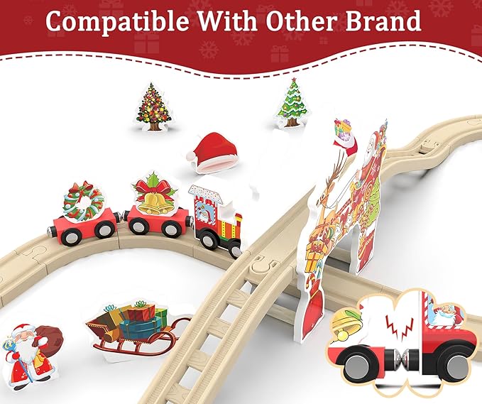 Wooden Railway Set for Kids, 42-Piece Wooden Train Track for Toddlers, Christmas Train Toys for 3 4 5 6 Years Old Compatible with Thomas, Brio