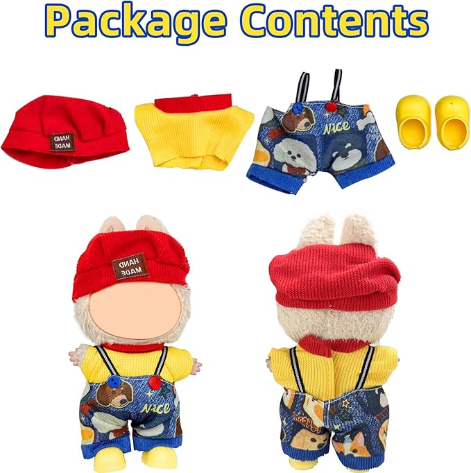 17cm Doll Clothes Set (No Doll), 4 Pieces Outfit Set for 6.7inch Dolls Suit, Fashion Clothes Accessories Dress-Up,Includes—Chic Hat+Top+Cute Overalls+ Shoes(Style B)