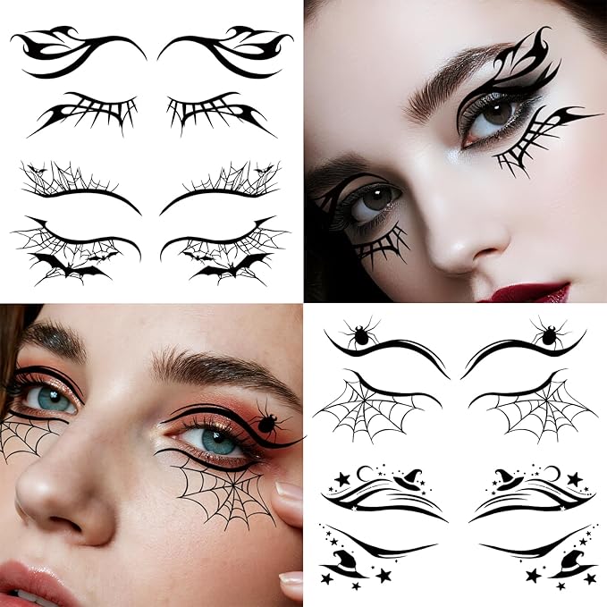 24 PCS Halloween Makeup Eye Temporary Tattoos Waterproof, Upper & Lower Lash Design Spider Web Bat Eyeliner Eye Shadow Tattoos Makeup Kit for Adult Women Men Girls Cosplay Halloween Party Decals