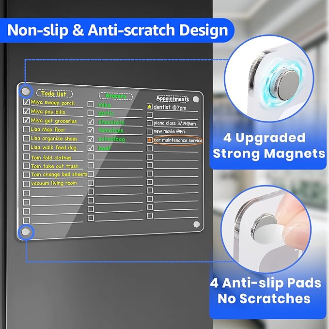PigPotParty Acrylic Magnetic to Do List White Board for Refrigerator, 12"x9.5" Clear Dry Erase Board, Fridge Grocery List Magnet Checklist Whiteboard for Adult Family Kids, w/ 8 Markers and 1 Towel