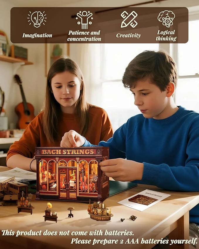 Book Nook Kit, 3D Wooden PuzzleDIY Miniature House Kits for Adult and Teens, Tiny House Building Kit Booknook Bookshelf Decor, DIY Craft Gifts for Family and Friends & Music Lovers (Bach Strings)