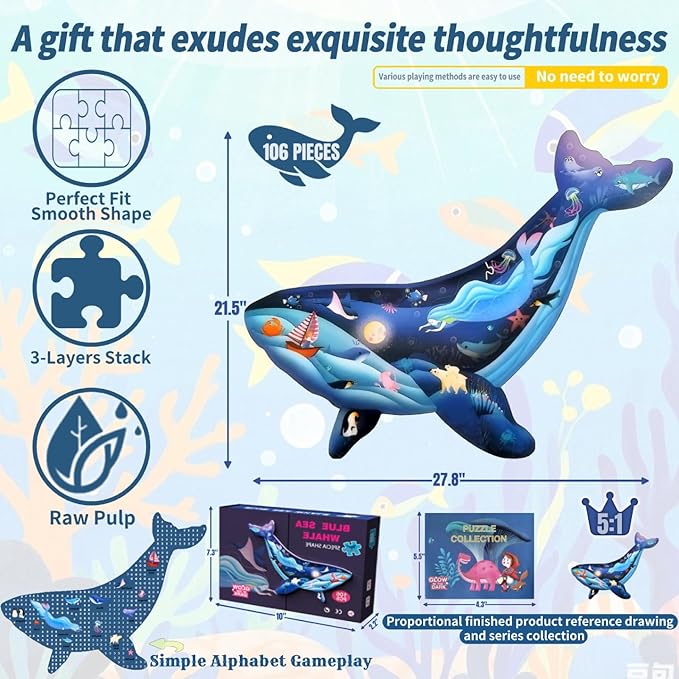OLMZIHYVD Floor Puzzles for Kids Ages 3-5, 106 Pieces Glow in The Dark Whale Puzzle, Educational Gifts for Boys Girls and Animal Lovers, Ideal for Indoor and Outdoor Play, 27.8" × 21.5"