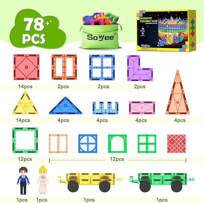 Soyee Magnetic Tiles with 2 Cars Kids Gifts Boys Toys for 3 Year Old Boys Educational Toys for Toddlers Kids Age 3-5 4-8 Car Train Building Toys