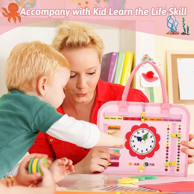 8 in 1 Toddler Busy Board for 1 Years Old, Montessori Toy Busy Book for Toddlers 1-3 Educational Learning Toy Activity for Basic Motor Skills, Kid Travel Essential 2-4 Yr Birthday Gift for Girl(Pink)