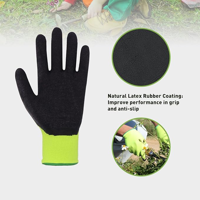 HANDLANDY 3 Pairs Kids Gardening Gloves Latex Free, Nitrile Coated Children Toddler Garden Yard Work Gloves for Little Girls Boys (Size M, Black-Green)