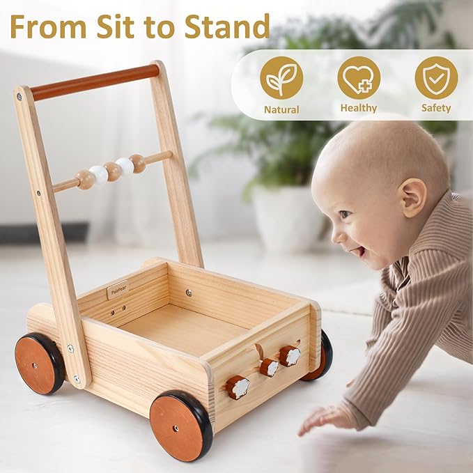 PairPear Wooden Baby Walker Push Toys,Adjustable Speed Nature Wood Push Walkers for Babies Learning to Walk,Toddler Push and Pull Toys Gift for Baby Girls and Boys 1-2