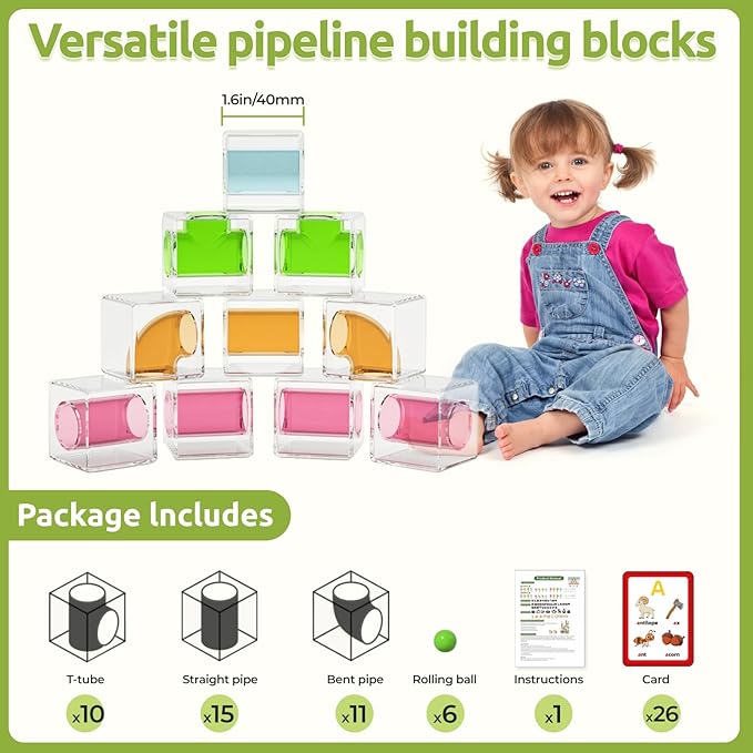 24 PCS Stacking Blocks - 1.6 Inch Transparent Puzzle Building Cubes with Learning Cards, Pipe Tube Inside for Marble Run, Educational STEM Toy for Kids Ages 3+, Sensory Gifts for Boys Girls
