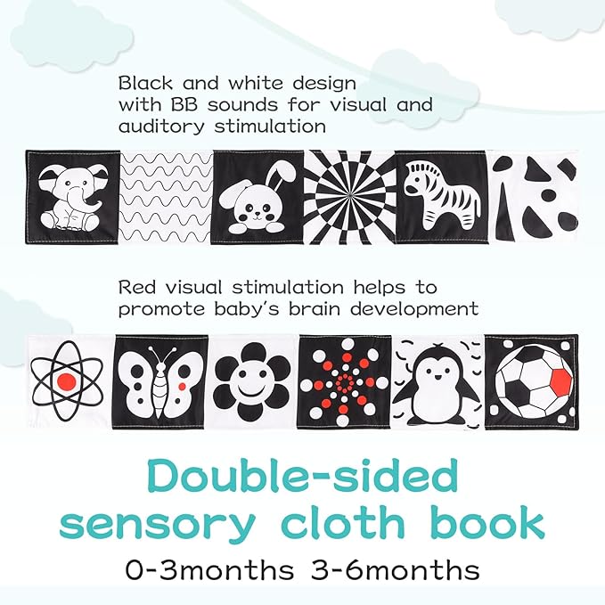 High Contrast Black and White Baby Toys 3-Piece Newborn Essentials Set with Hanging Toys,Rattle Crib Mobile,Baby Book & Car Seat Stroller Toys for 0-3-6-12 Months Infant Development