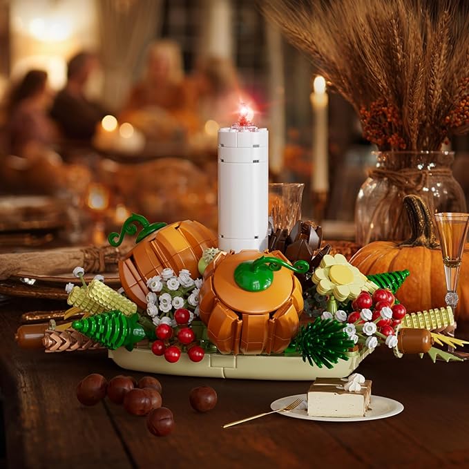 Fall Harvest Building Blocks Set – DIY Autumn Dinner Table Centerpiece Decor with White Candle, Pumpkin, Pinecones, Berries, Wheat, Thanksgiving, Halloween and Christmas Decoration (832 Pieces)