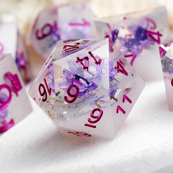 Flower DND Dice ,DNDND Handmade Double-Layers Resin Sharp Edge Die with Gift Case for D&D Dungeons and Dragon Games (Purple Flower)