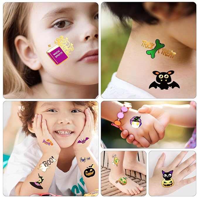 Halloween Temporary Tattoos For Kids Pumpkin, Ghost, Witch Halloween Party Favors for Boys or Girls- 126 pcs Golden Goodies Waterproof Fake Tattoos For Kids 6 7 8 9 10 11 12 years old